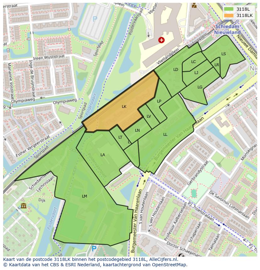 Afbeelding van het postcodegebied 3118 LK op de kaart.