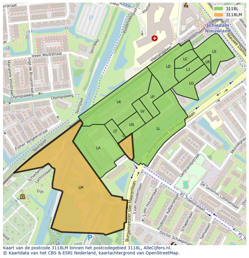Afbeelding van het postcodegebied 3118 LM op de kaart.