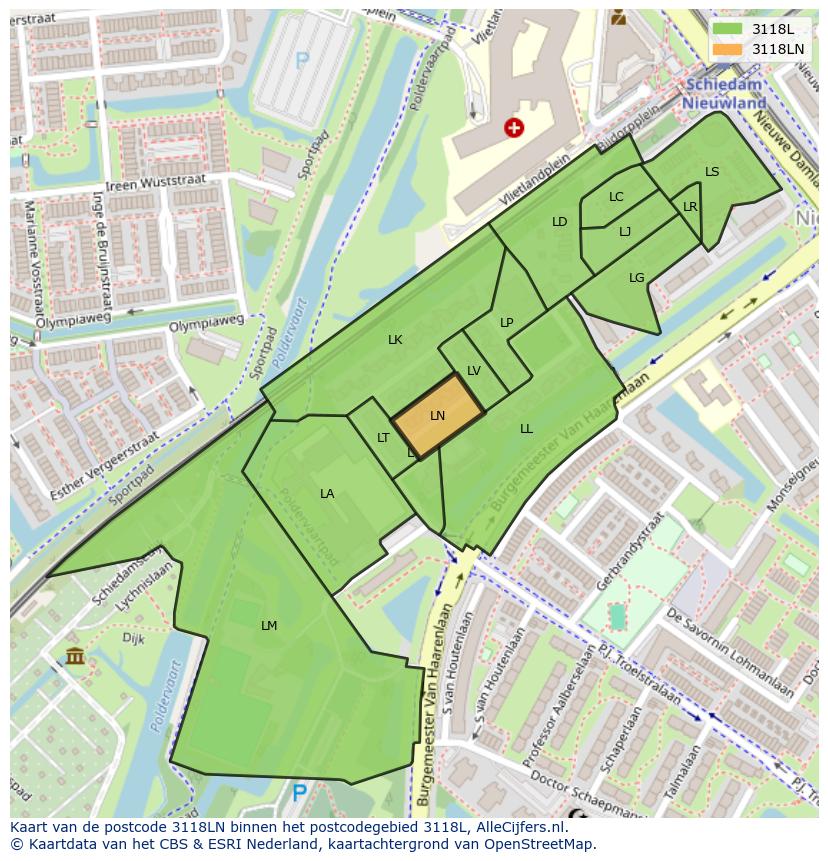 Afbeelding van het postcodegebied 3118 LN op de kaart.