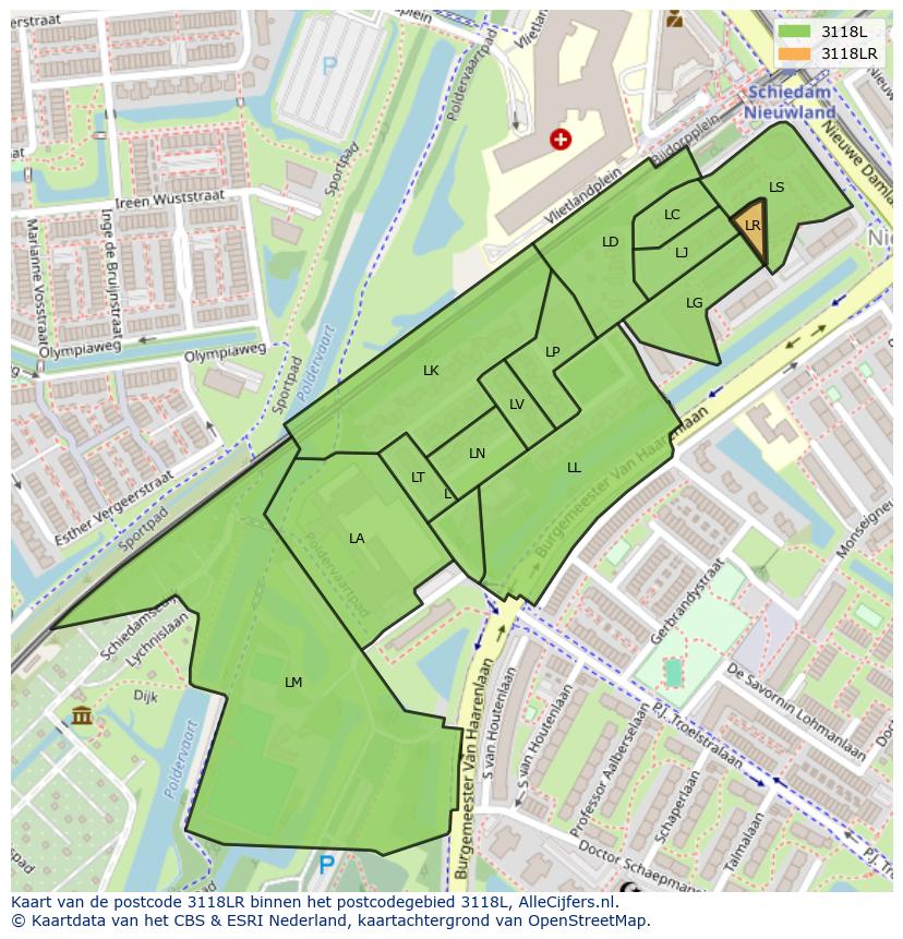 Afbeelding van het postcodegebied 3118 LR op de kaart.