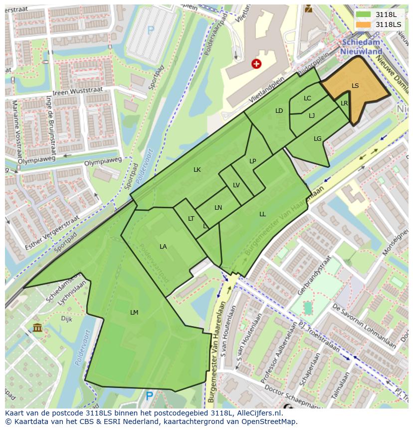 Afbeelding van het postcodegebied 3118 LS op de kaart.