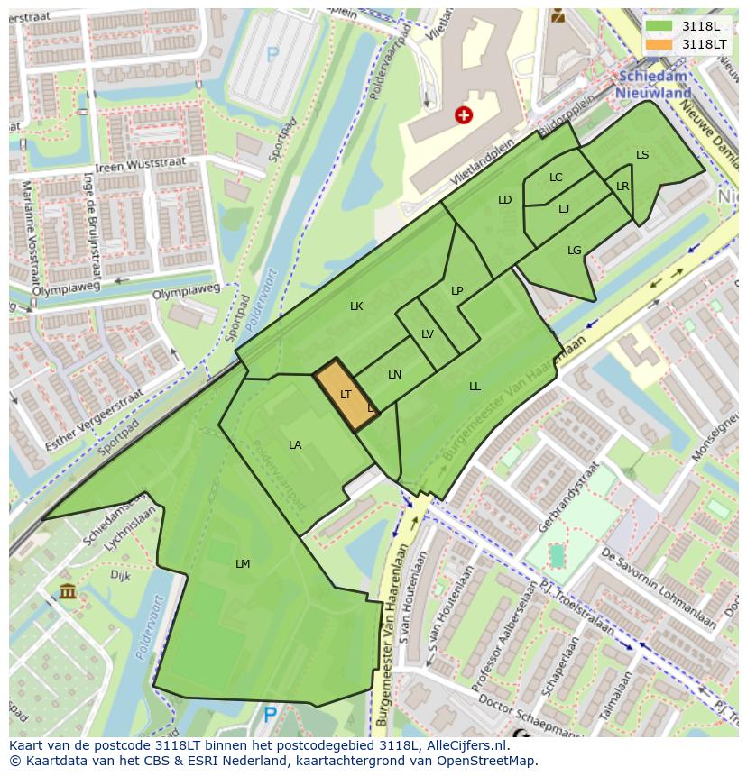 Afbeelding van het postcodegebied 3118 LT op de kaart.
