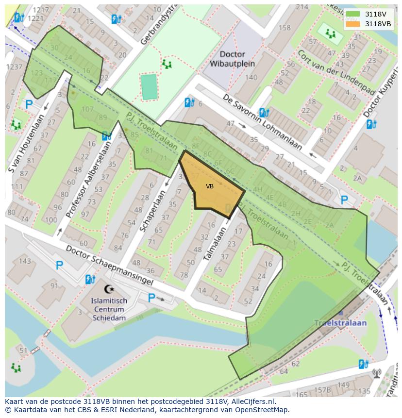 Afbeelding van het postcodegebied 3118 VB op de kaart.