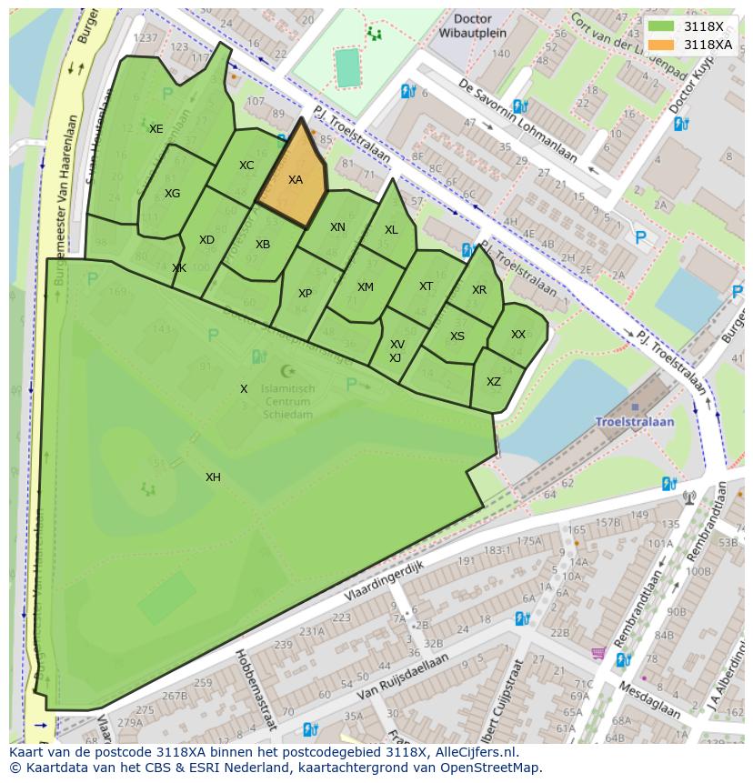 Afbeelding van het postcodegebied 3118 XA op de kaart.