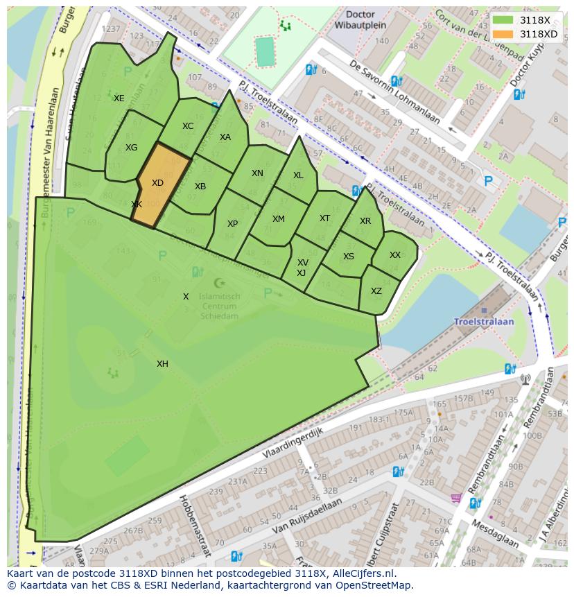 Afbeelding van het postcodegebied 3118 XD op de kaart.
