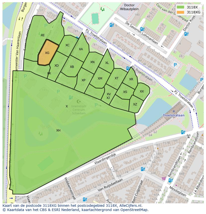 Afbeelding van het postcodegebied 3118 XG op de kaart.