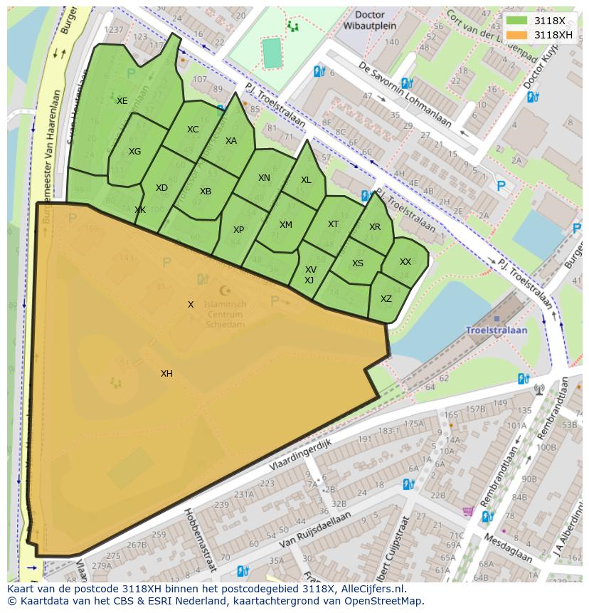 Afbeelding van het postcodegebied 3118 XH op de kaart.