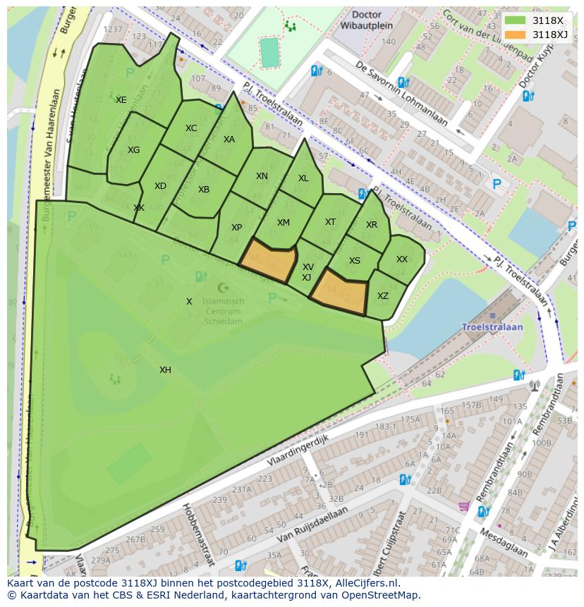 Afbeelding van het postcodegebied 3118 XJ op de kaart.