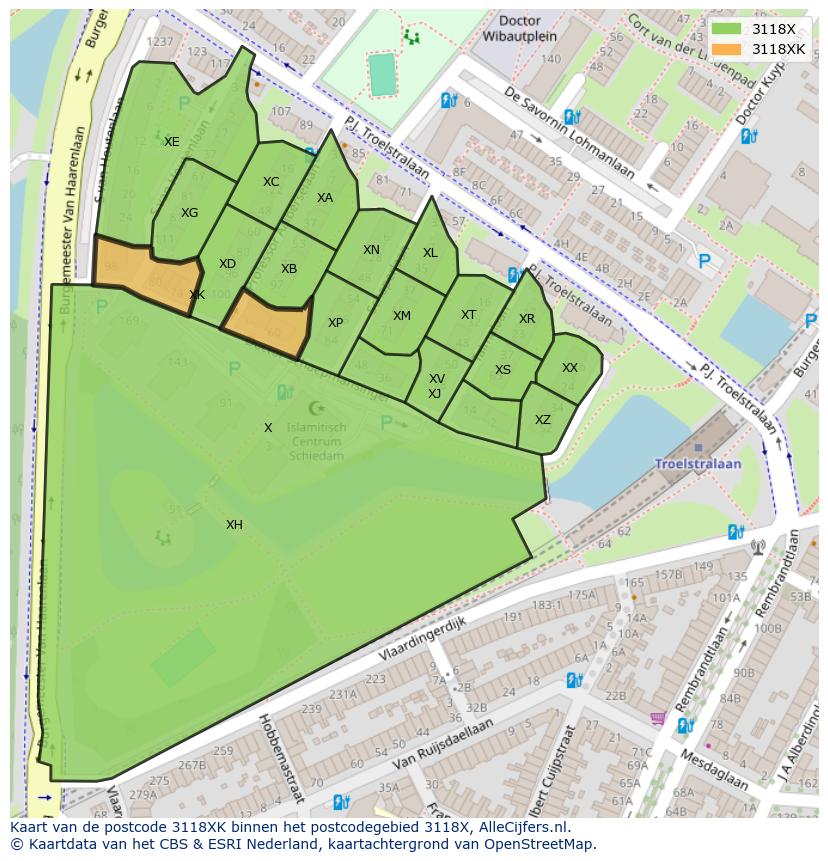 Afbeelding van het postcodegebied 3118 XK op de kaart.