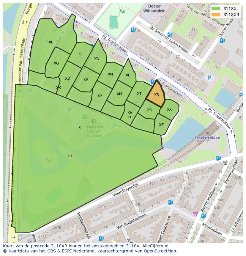 Afbeelding van het postcodegebied 3118 XR op de kaart.