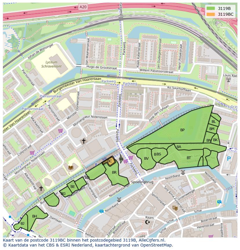Afbeelding van het postcodegebied 3119 BC op de kaart.