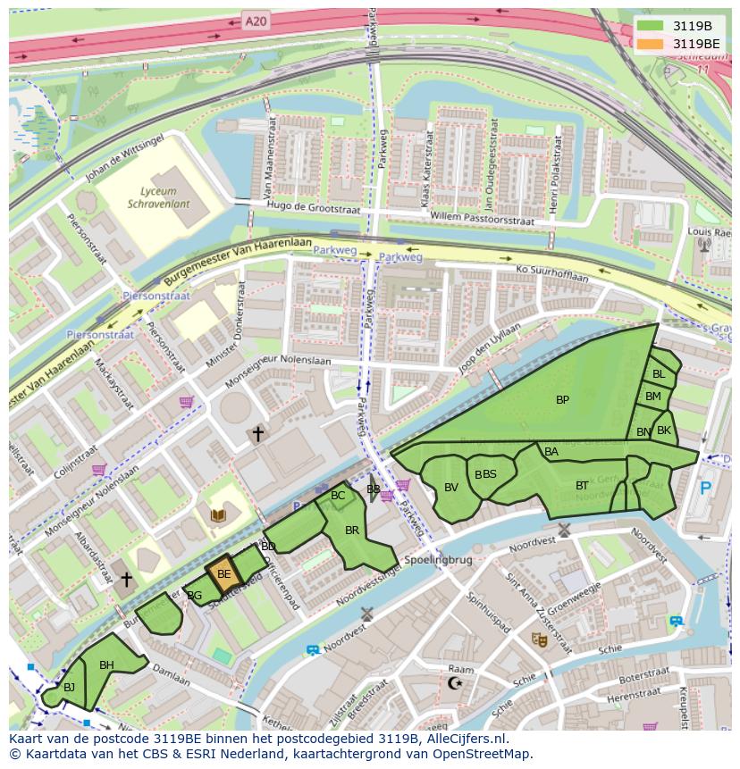 Afbeelding van het postcodegebied 3119 BE op de kaart.