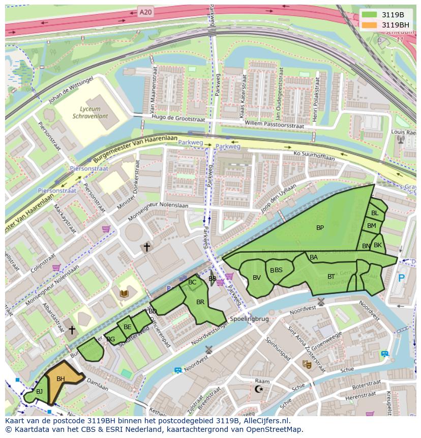 Afbeelding van het postcodegebied 3119 BH op de kaart.