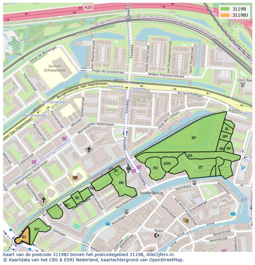 Afbeelding van het postcodegebied 3119 BJ op de kaart.