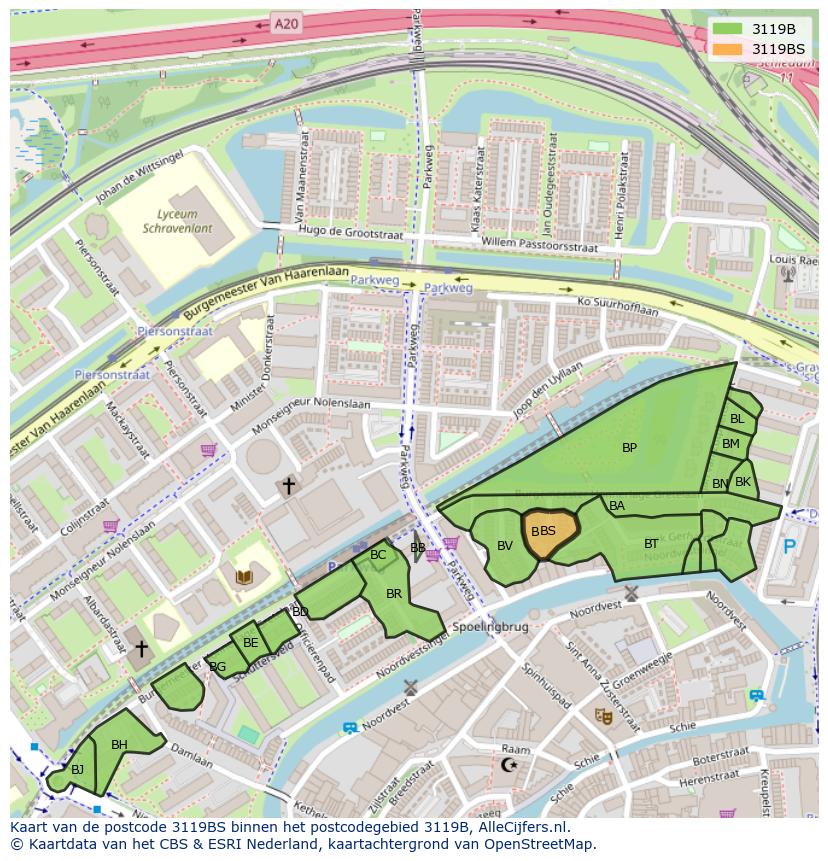 Afbeelding van het postcodegebied 3119 BS op de kaart.