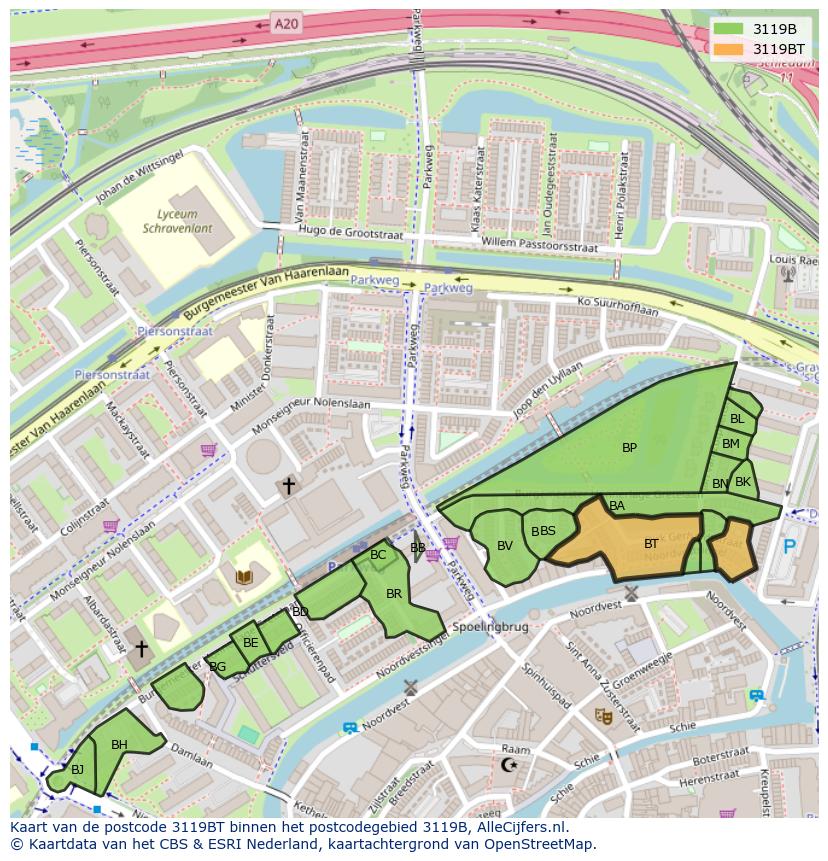 Afbeelding van het postcodegebied 3119 BT op de kaart.