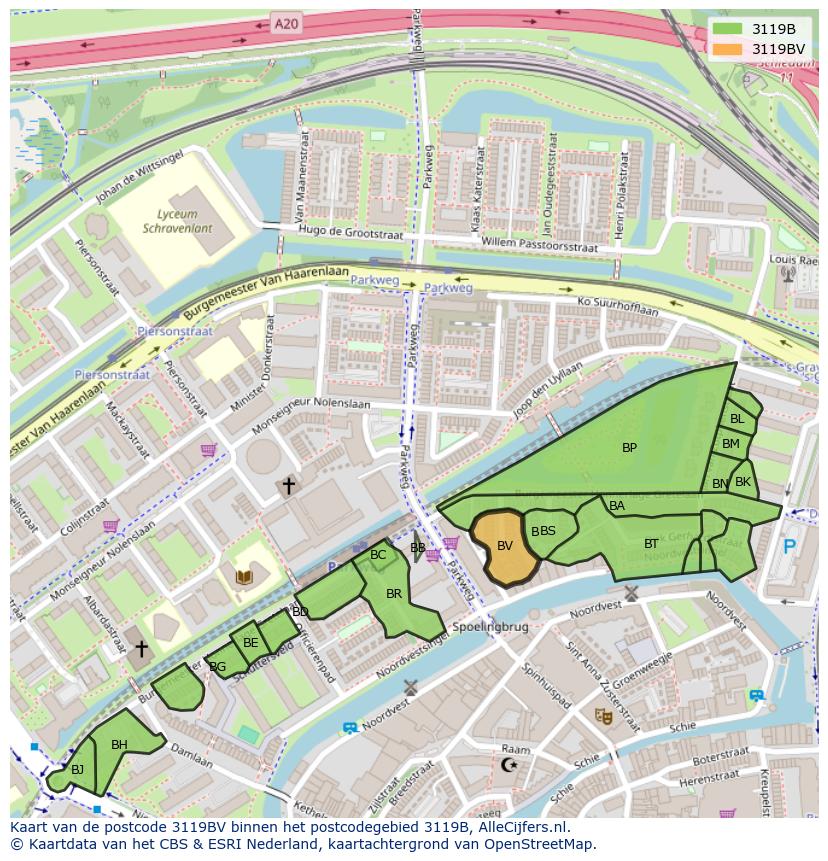 Afbeelding van het postcodegebied 3119 BV op de kaart.