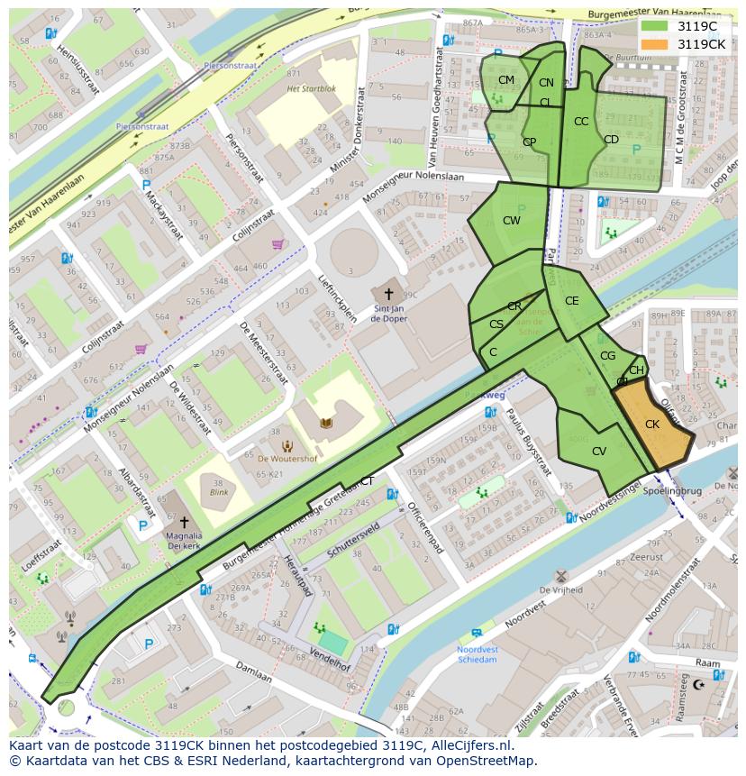 Afbeelding van het postcodegebied 3119 CK op de kaart.