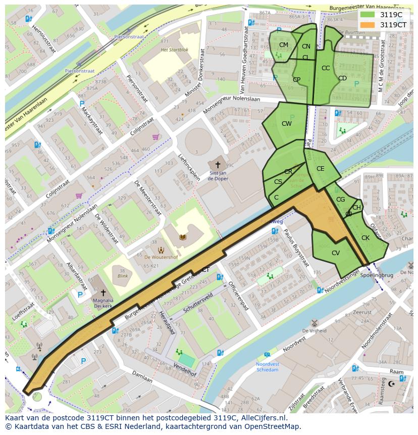 Afbeelding van het postcodegebied 3119 CT op de kaart.
