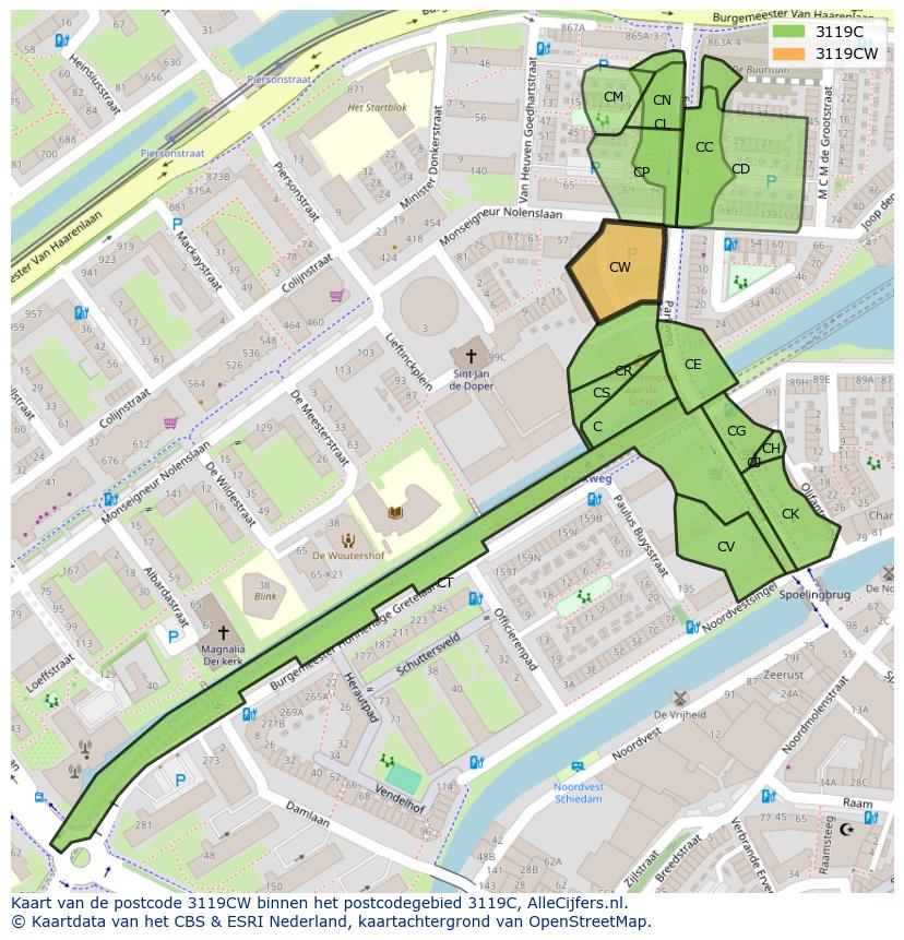 Afbeelding van het postcodegebied 3119 CW op de kaart.