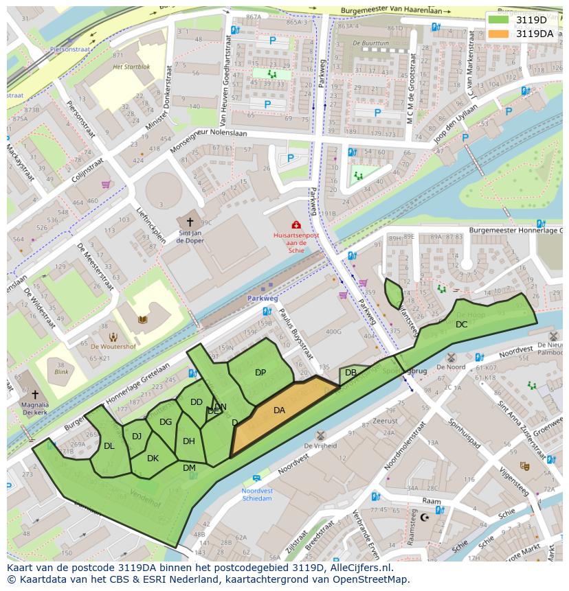 Afbeelding van het postcodegebied 3119 DA op de kaart.