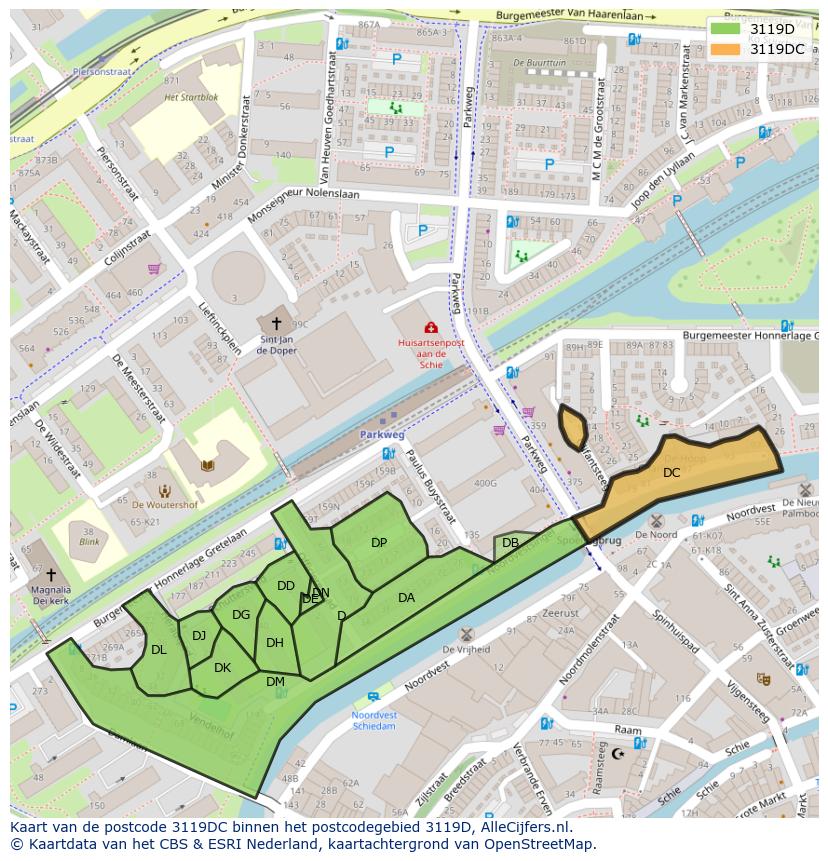 Afbeelding van het postcodegebied 3119 DC op de kaart.