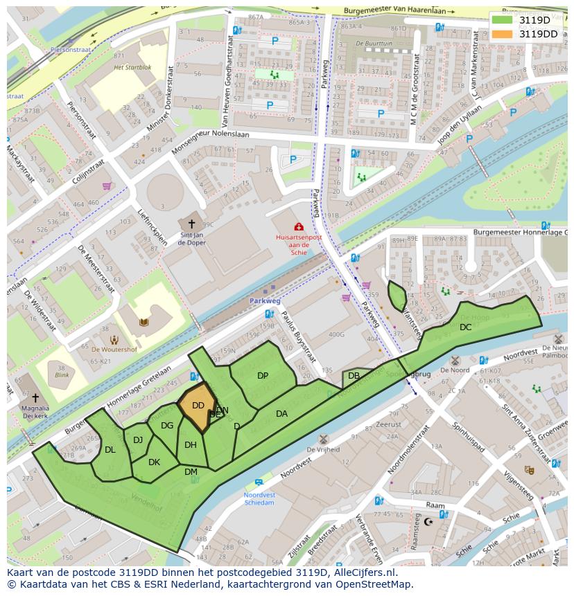 Afbeelding van het postcodegebied 3119 DD op de kaart.
