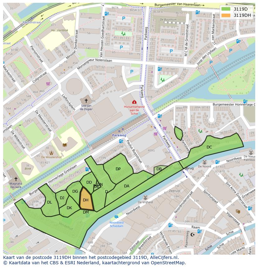 Afbeelding van het postcodegebied 3119 DH op de kaart.