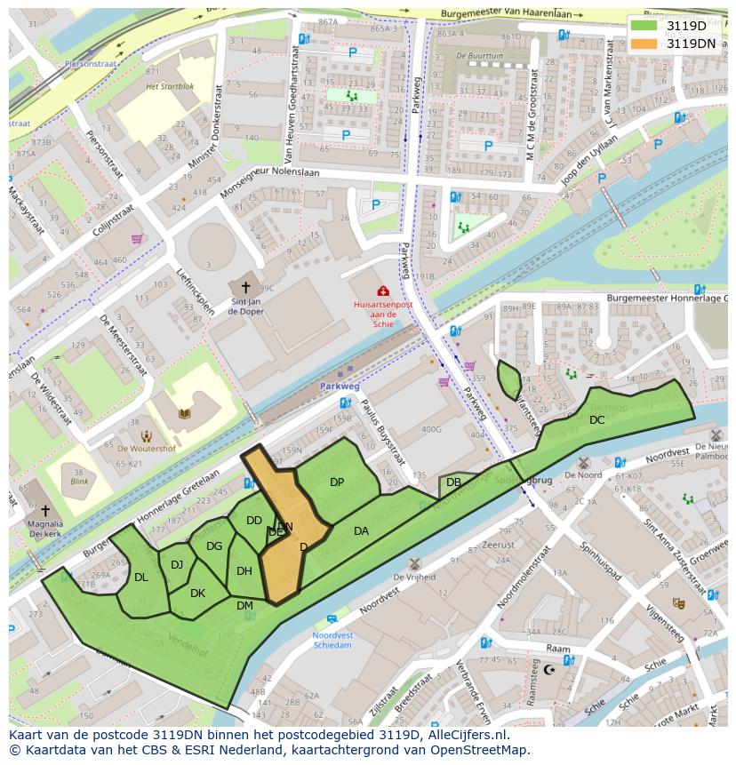 Afbeelding van het postcodegebied 3119 DN op de kaart.
