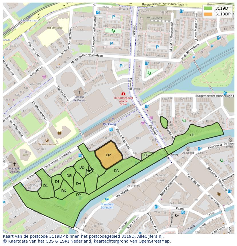 Afbeelding van het postcodegebied 3119 DP op de kaart.