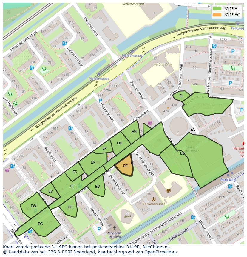 Afbeelding van het postcodegebied 3119 EC op de kaart.