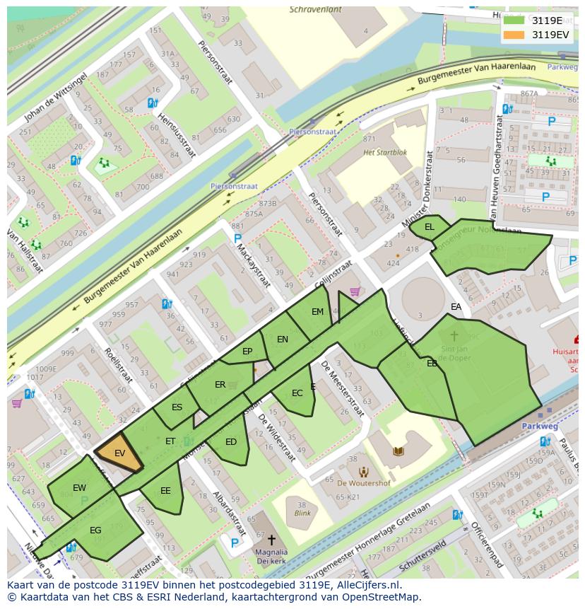 Afbeelding van het postcodegebied 3119 EV op de kaart.