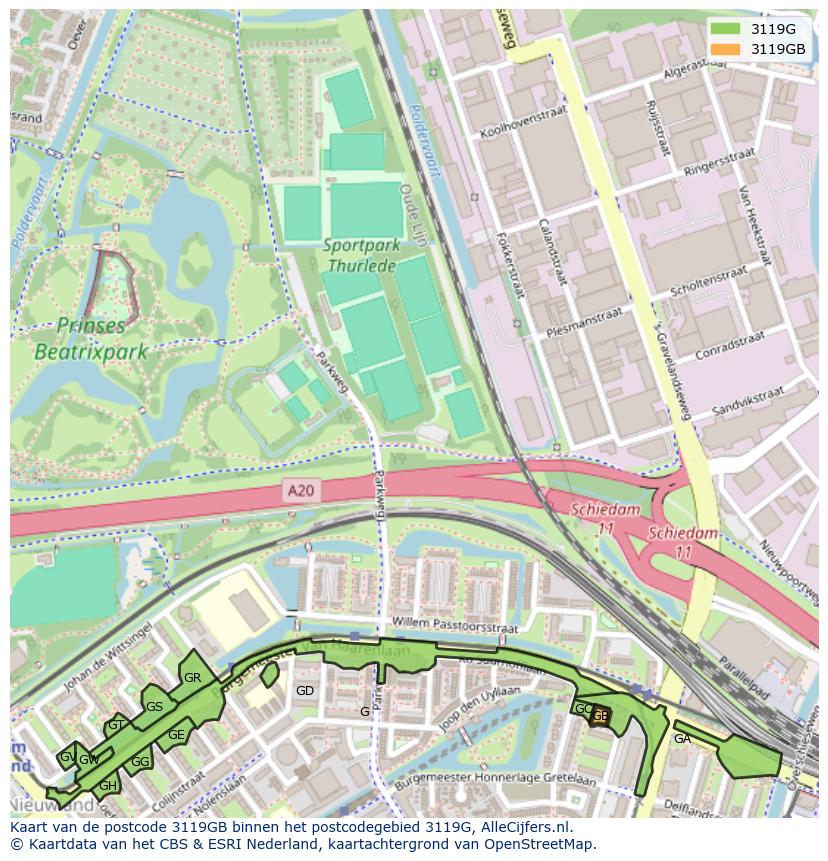 Afbeelding van het postcodegebied 3119 GB op de kaart.