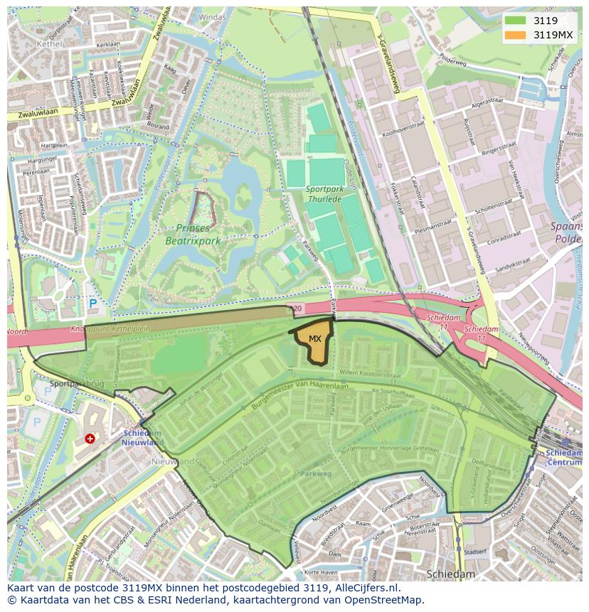 Afbeelding van het postcodegebied 3119 MX op de kaart.