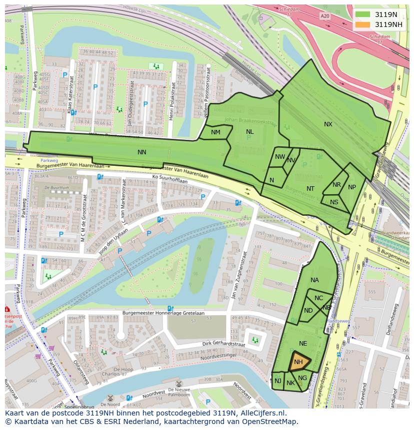 Afbeelding van het postcodegebied 3119 NH op de kaart.