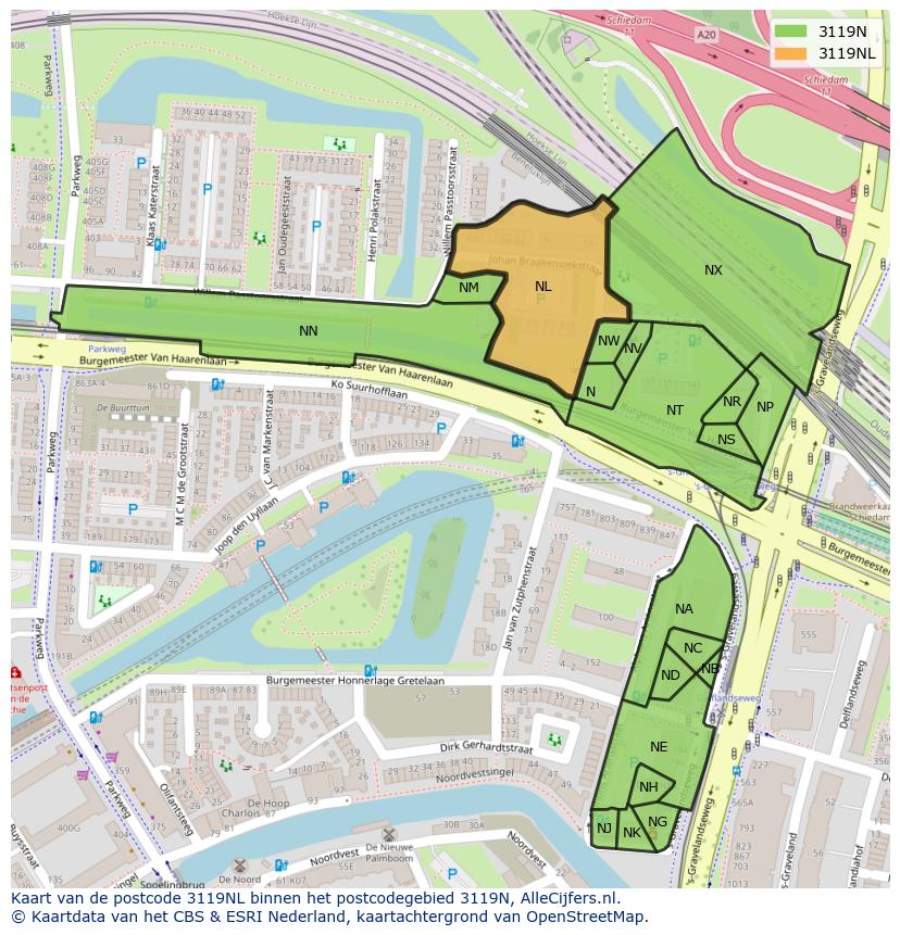 Afbeelding van het postcodegebied 3119 NL op de kaart.
