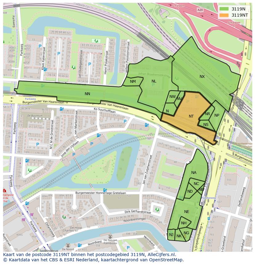 Afbeelding van het postcodegebied 3119 NT op de kaart.