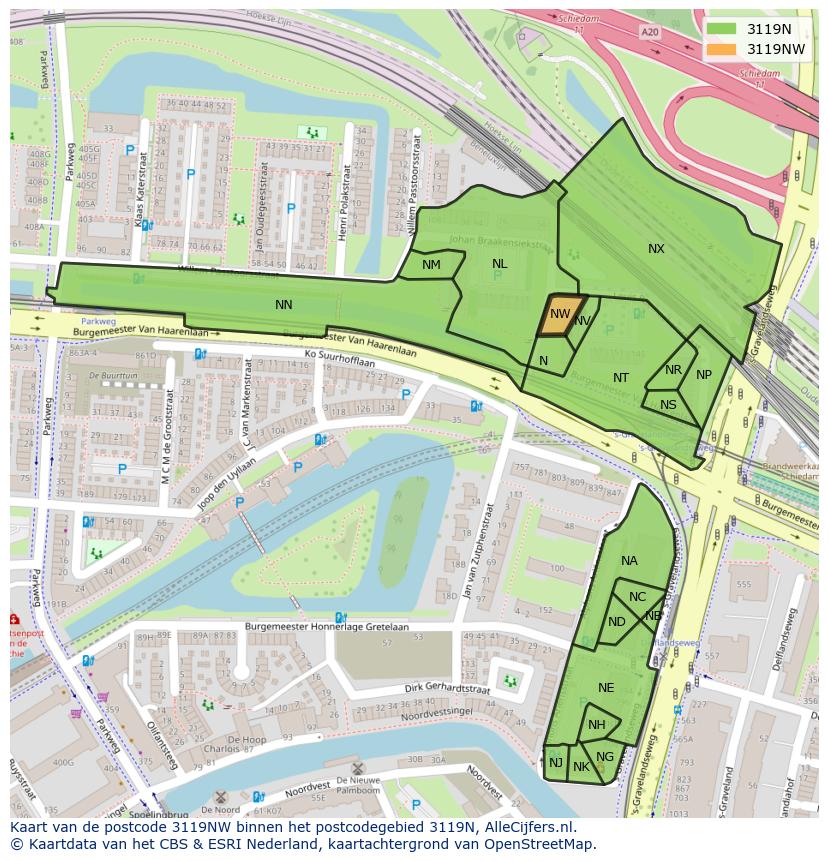 Afbeelding van het postcodegebied 3119 NW op de kaart.