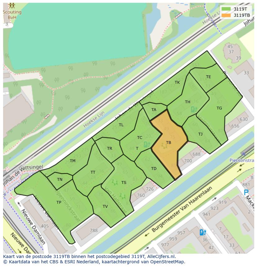 Afbeelding van het postcodegebied 3119 TB op de kaart.