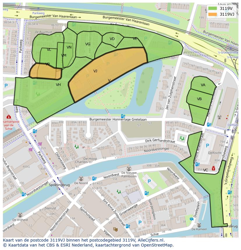 Afbeelding van het postcodegebied 3119 VJ op de kaart.