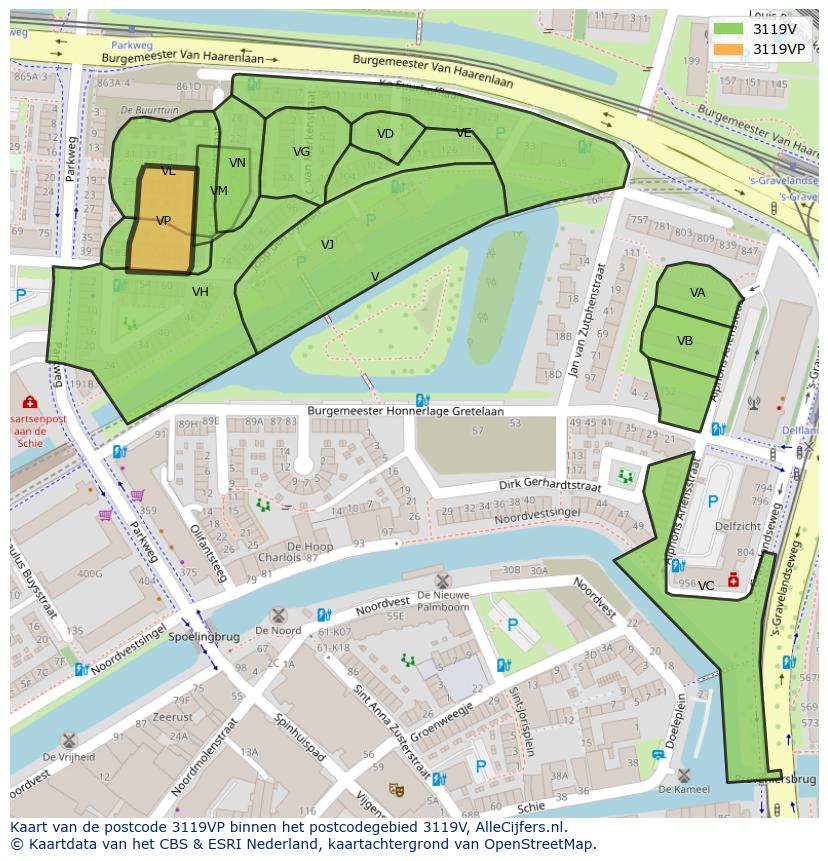 Afbeelding van het postcodegebied 3119 VP op de kaart.