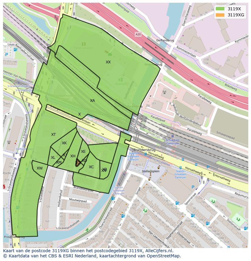 Afbeelding van het postcodegebied 3119 XG op de kaart.