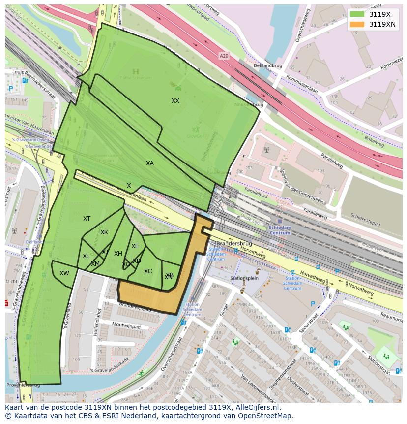 Afbeelding van het postcodegebied 3119 XN op de kaart.