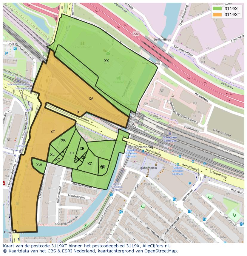 Afbeelding van het postcodegebied 3119 XT op de kaart.