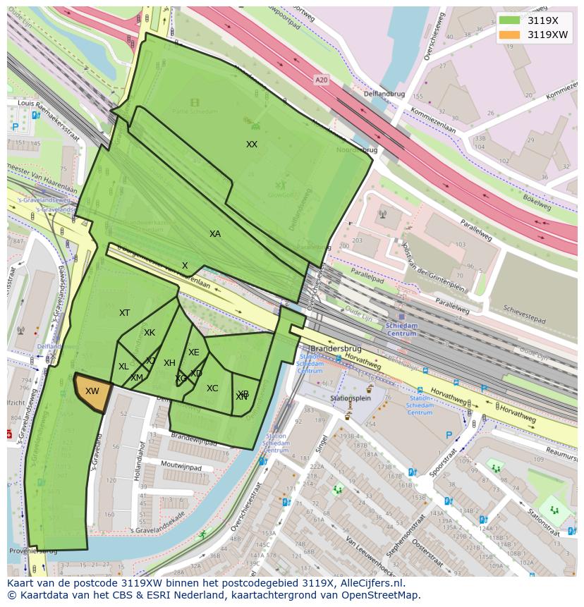 Afbeelding van het postcodegebied 3119 XW op de kaart.