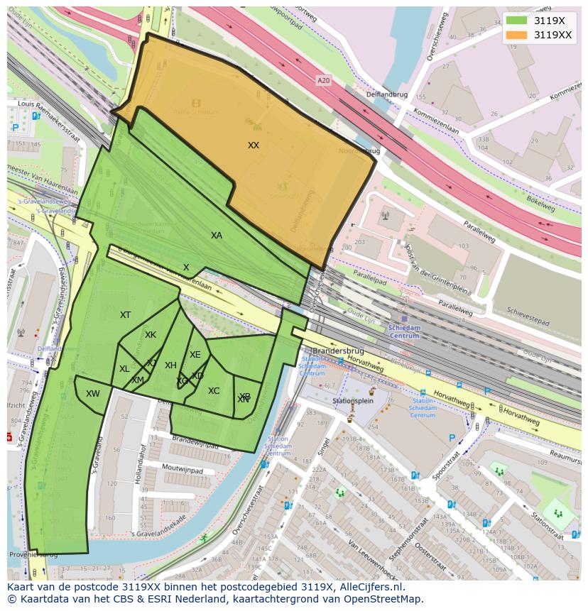 Afbeelding van het postcodegebied 3119 XX op de kaart.