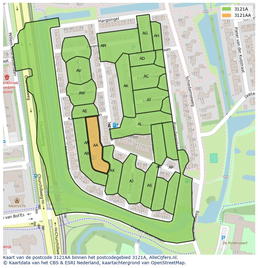 Afbeelding van het postcodegebied 3121 AA op de kaart.
