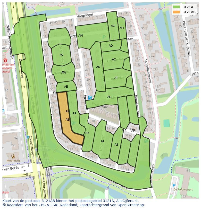 Afbeelding van het postcodegebied 3121 AB op de kaart.