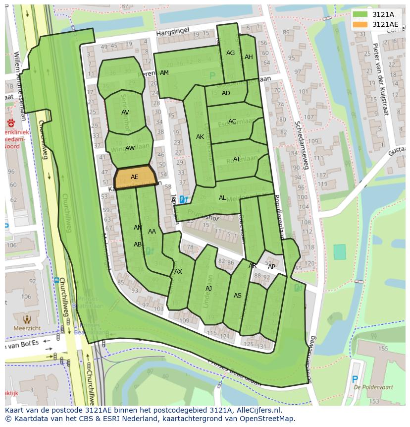 Afbeelding van het postcodegebied 3121 AE op de kaart.