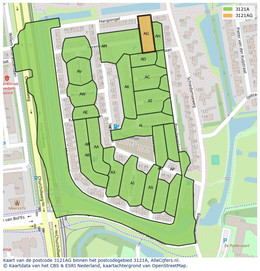 Afbeelding van het postcodegebied 3121 AG op de kaart.